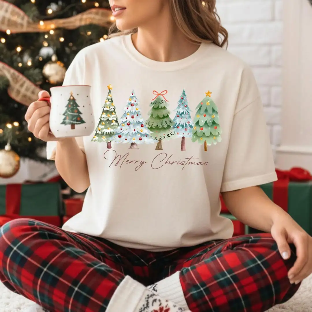 Merry Christmas Tree Shirt, Cute Watercolor Xmas Tree Shirt for Women, Holiday Family Outfit, Winter TShirt Christmas Gift, Soft Festive Tee