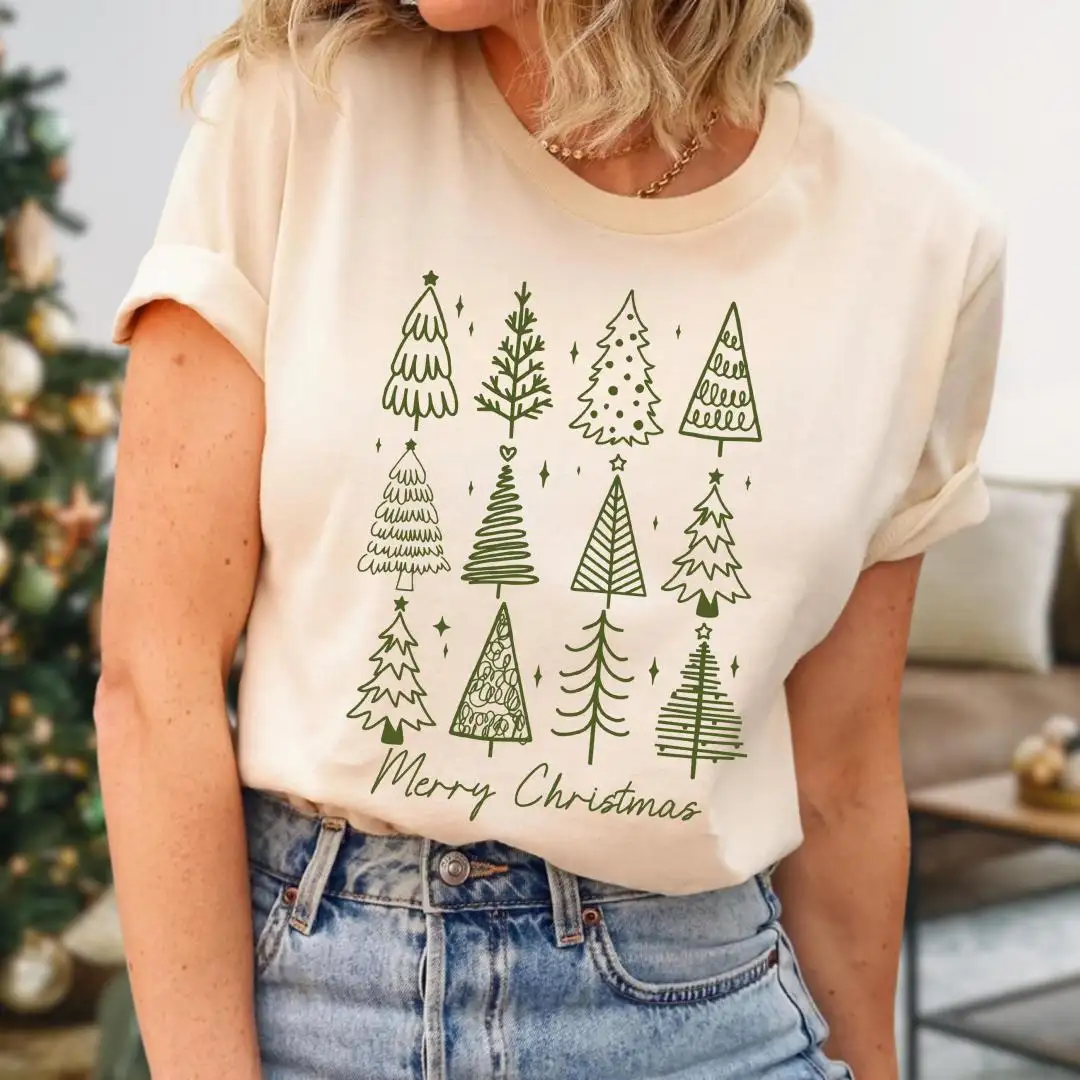 Merry Christmas Shirt, Holiday Gift For Women, Christmas Vacation Shirt, Minimalist Xmas Shirt, Winter Season, Christmas Pine Trees Shirt