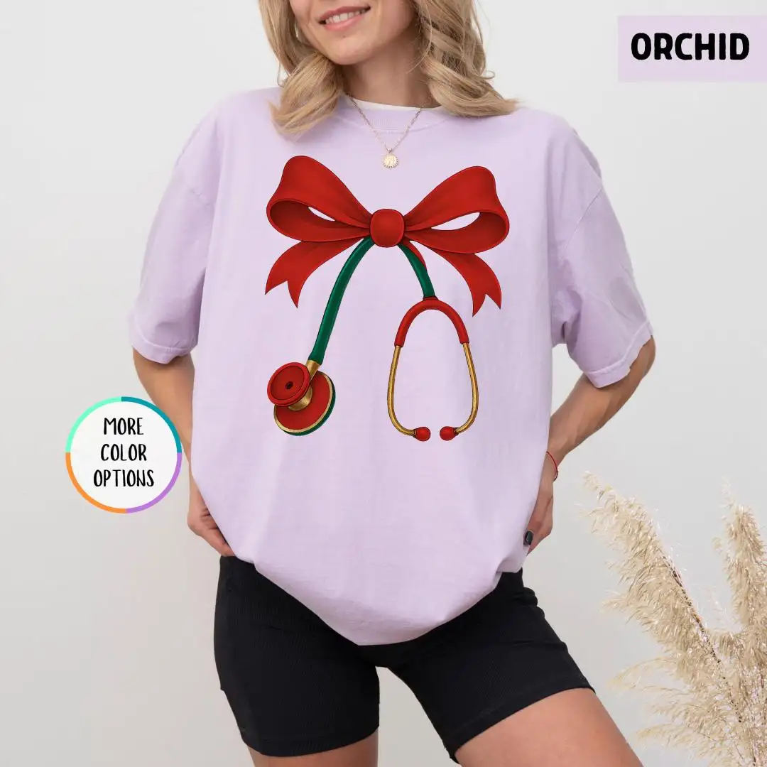 Christmas Nurse Comfort Colors Shirt, Red Bow Healthcare Top, Holiday Stethoscope Tee for Medical Workers, Cute Doctor Gift T Shirt