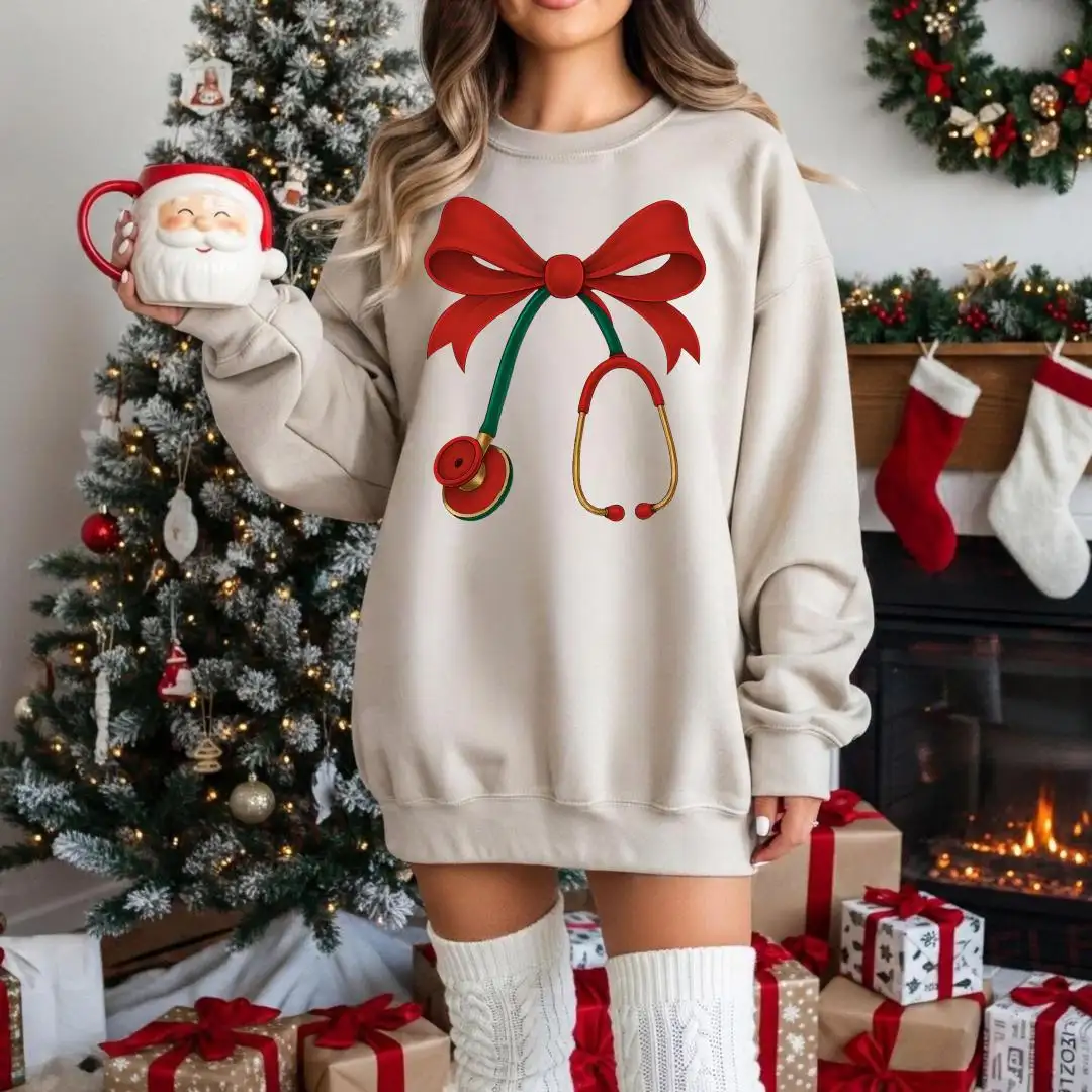Christmas Nurse Sweatshirt, Cute Medical Christmas Crewneck, Doctor RN Gift, Healthcare Xmas Sweatshirt, Stethoscope Bow Holiday Hoodie
