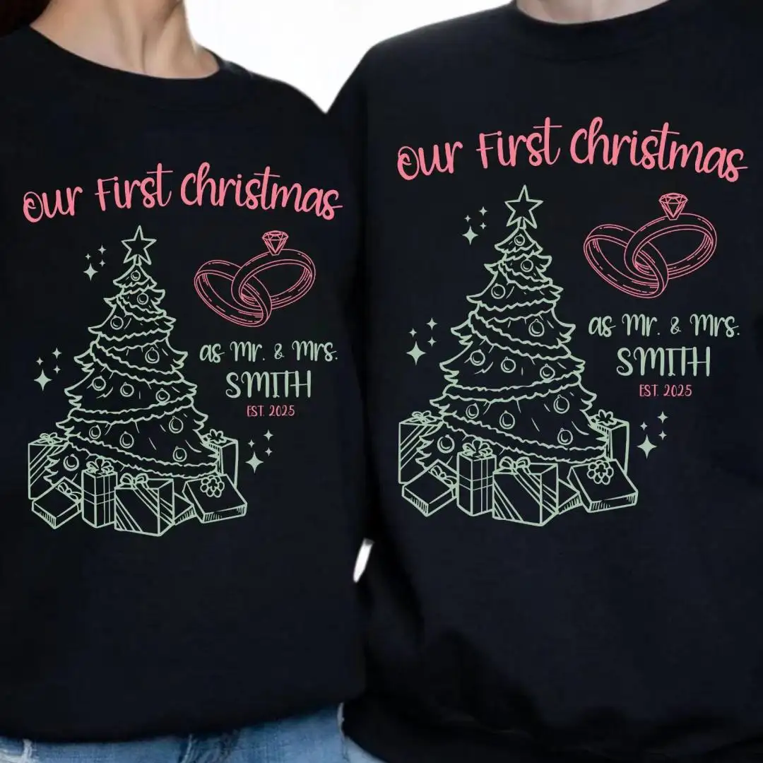 Our First Christmas as Mr & Mrs Sweatshirt, First Holiday Custom Pullover, Personalized Married Couple Xmas Gift, Newlywed Christmas Hoodie