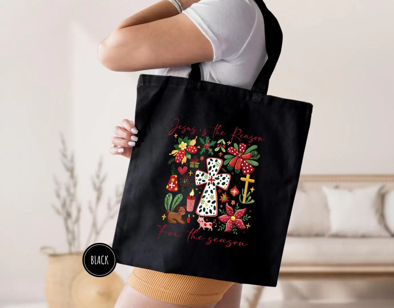 Christian Christmas Tote Bag, Christmas Canvas Tote Bag, Floral Tote Bag, Jesus is The Reason Verse Bag, Church Tote Bag, Festive Gift