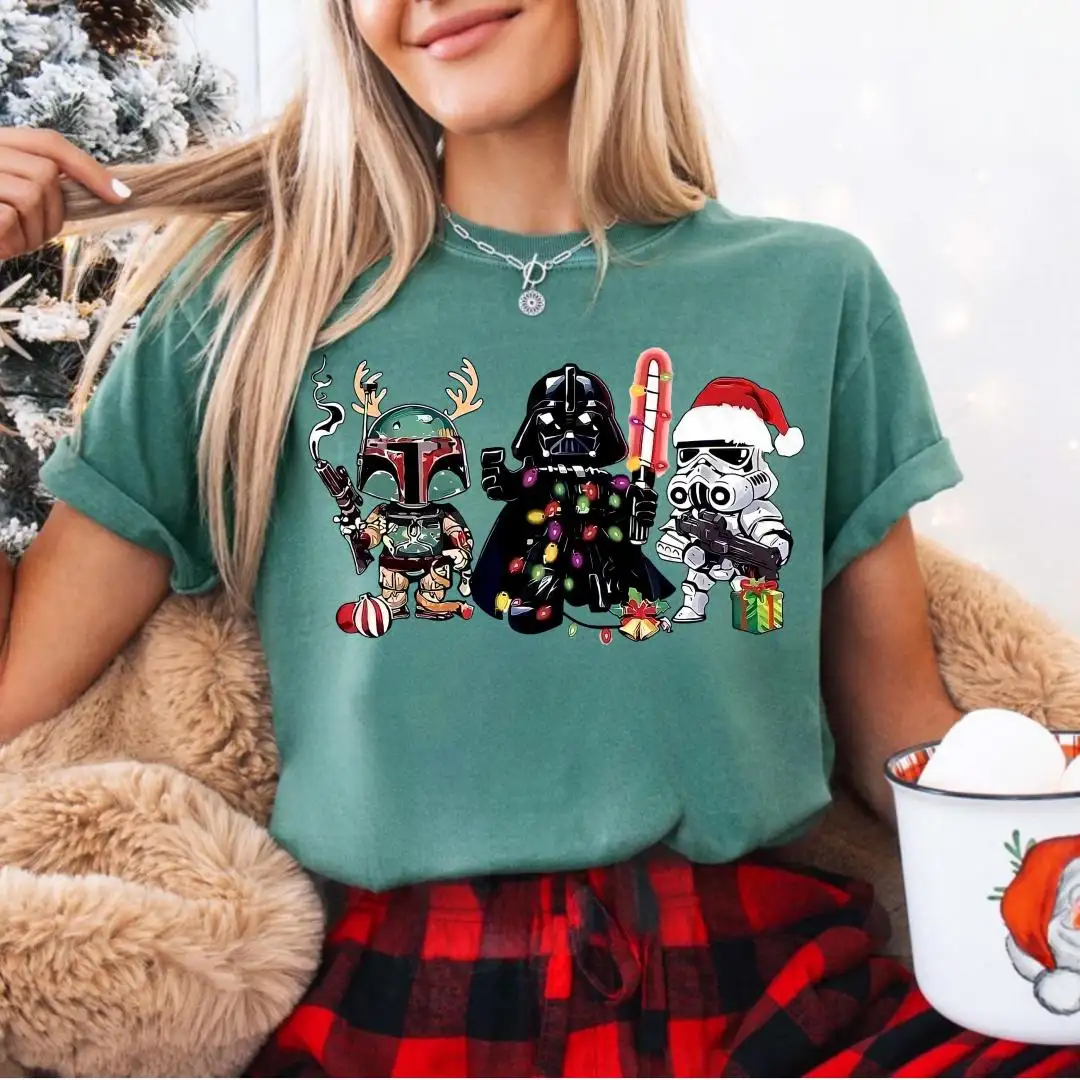 Comfort Colors® Funny Star Wars Christmas Shirt, Lightsaber Santa Tee, Holiday Boba Fett Darth Vader Stormtrooper Tee, Geeky Xmas Gift