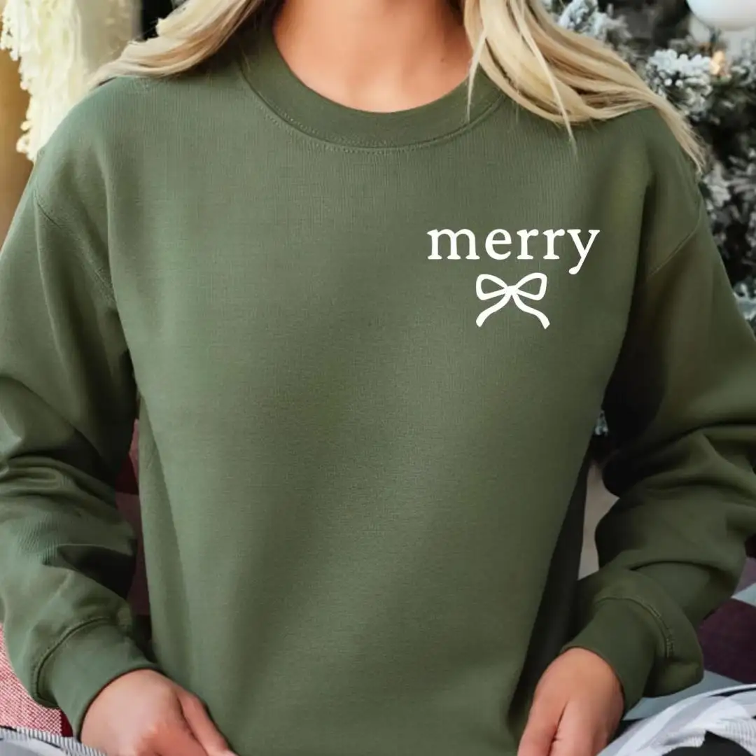Christmas Merry Bow Sweatshirt, Merry Christmas Mom Crewneck, Trendy Coquette Bow Sweater, Xmas Hoodie, Minimalist Holiday Hoodie For Women