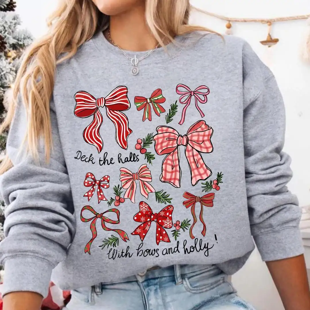 Christmas Bow Sweatshirt, Preppy Christmas Pullover, Festive Winter, Deck The Halls with Bows and Holly Hoodie, Coquette Holiday Crewneck