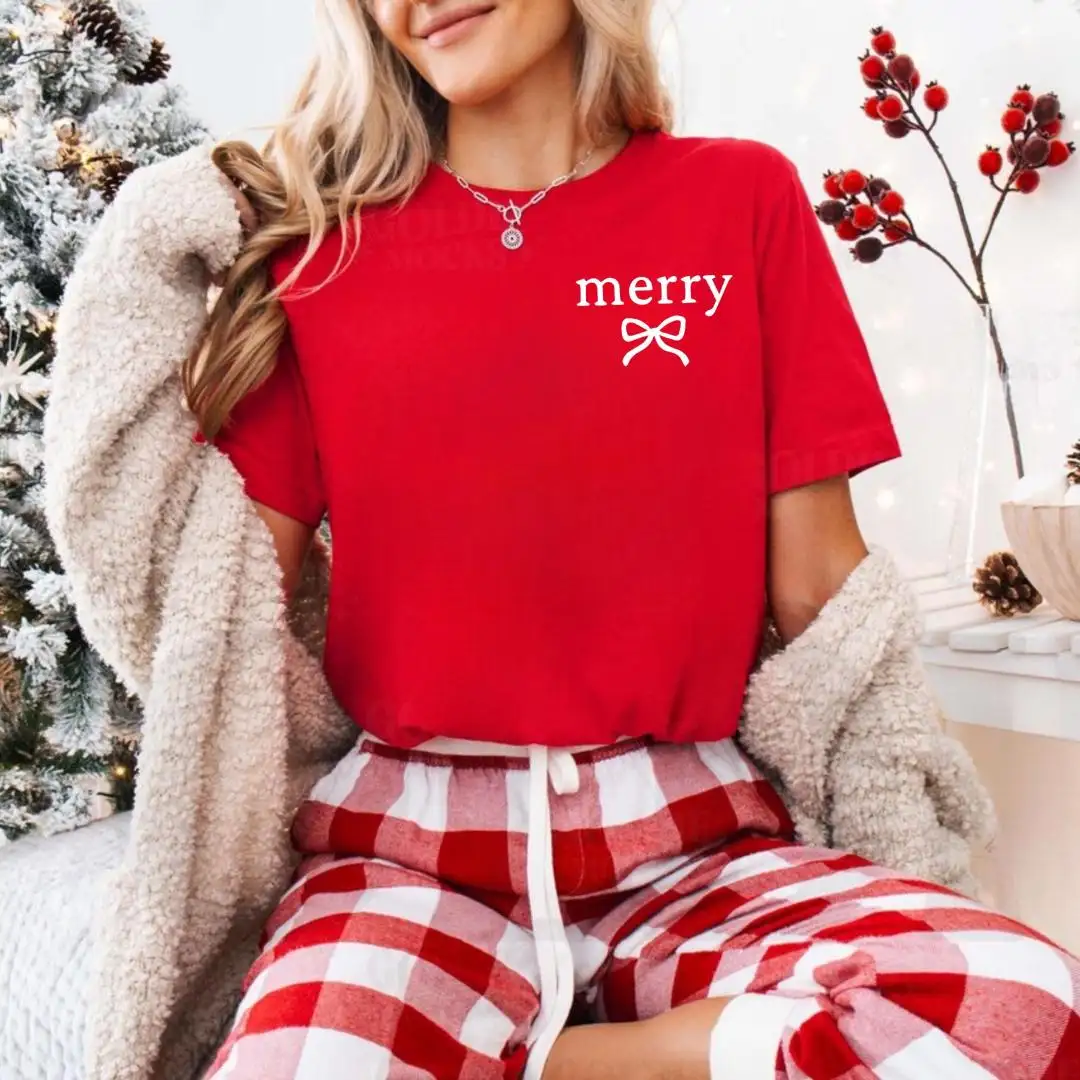 Merry Christmas Bow Shirt, Xmas Party Gift, Cozy Girl’s Winter Graphic Shirt, Christmas Aesthetic Tee, Minimalist Holiday Shirt For Women