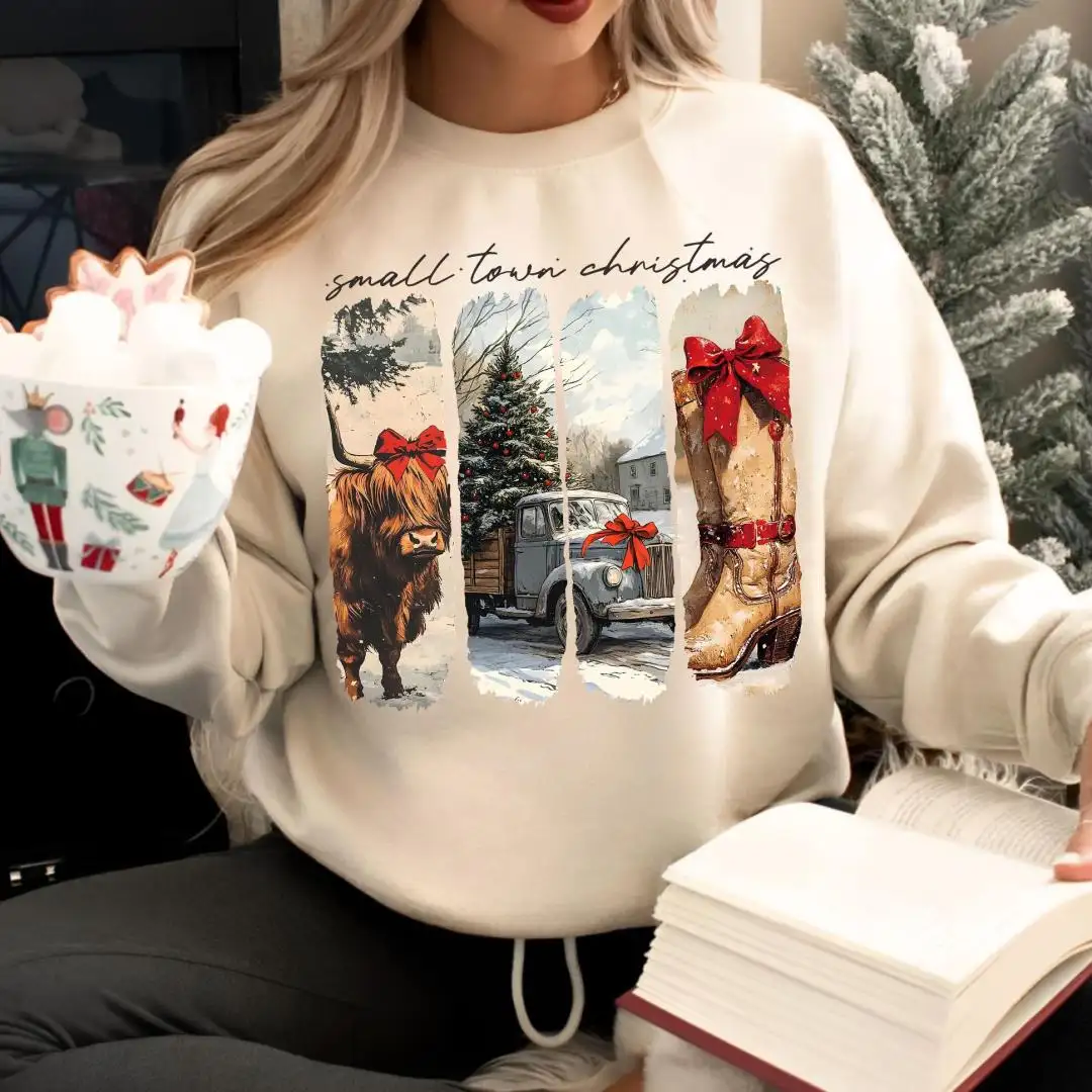 Small Town Christmas Sweatshirt, Highland Cow Sweater, Cozy Winter Gift for Her, Rustic Country Cow Truck Boots, Western Holiday Hoodie