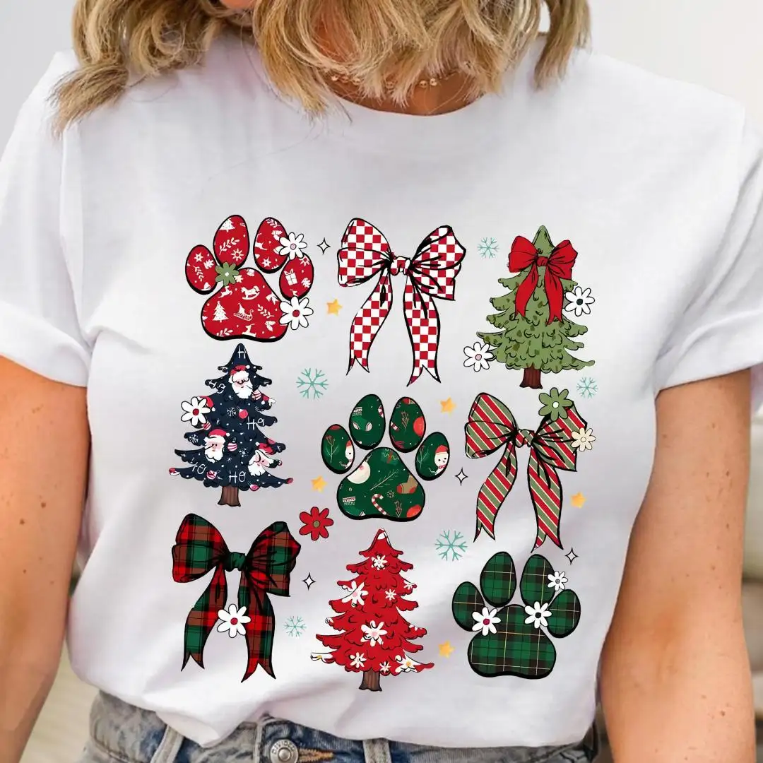 Christmas Coquette Bow Dog Paw Shirt, Xmas Animal Lover Shirt, Holiday Gift For Dog Mom, Pet Owner Shirt, Christmas Dog Shirt For Women