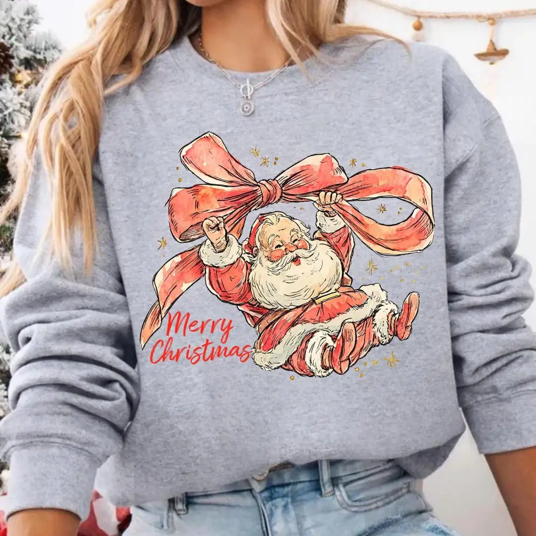 Vintage Style Santa Christmas Sweatshirt, Coquette Bow Holiday Hoodie, Girly Christmas Gift, Classic Xmas Crewneck, Merry Christmas Sweater