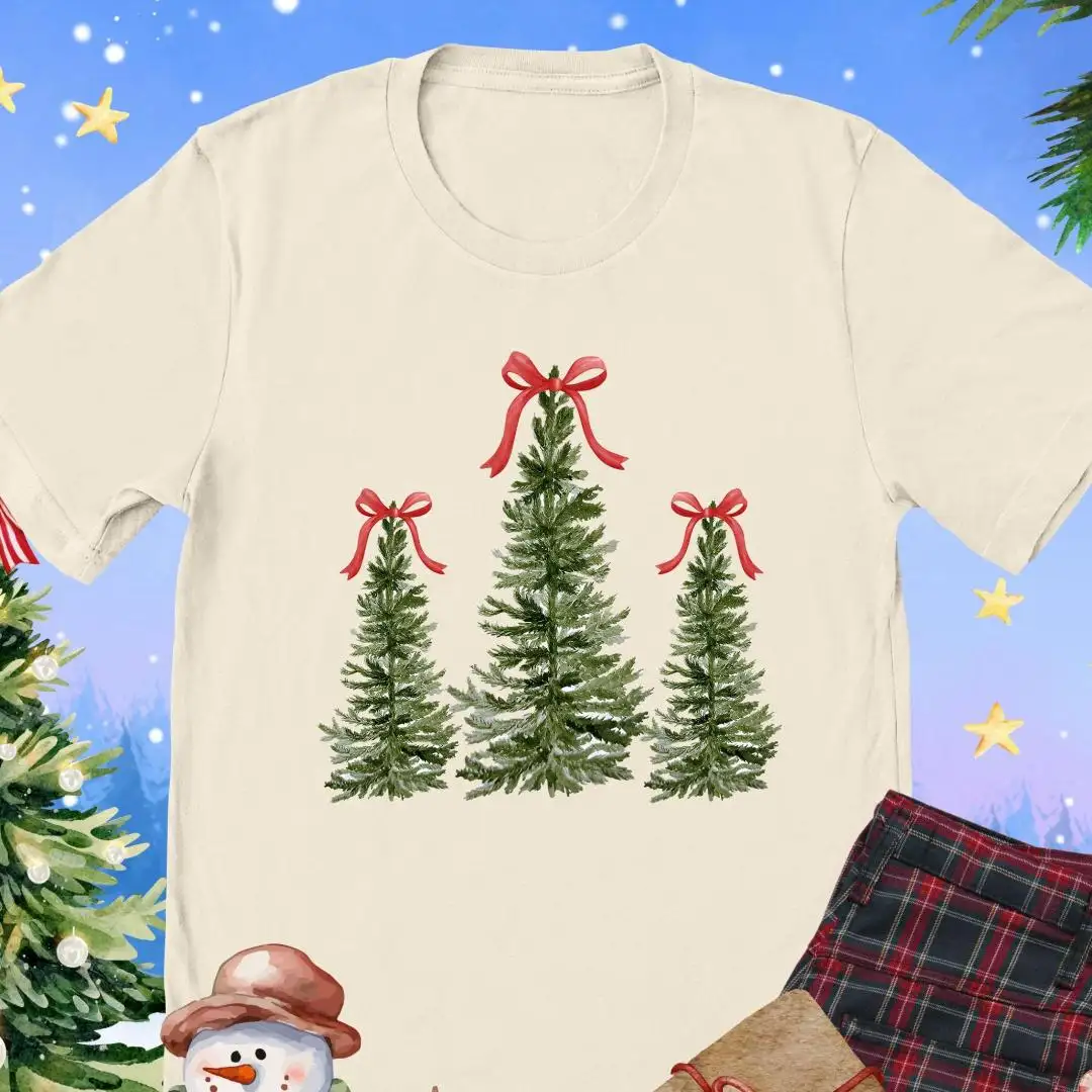 Coquette Christmas Tree Shirt, Holiday Season Shirt, Winter Shirt Women, Xmas Tee, Bow Christmas Shirt, Girls Christmas Gift, Pine Tree Shirt