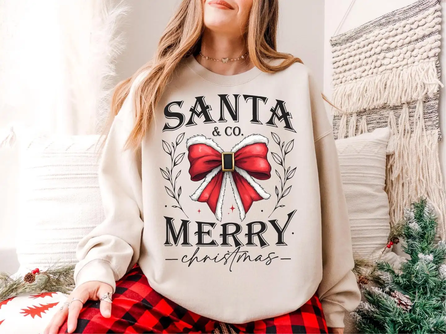 Santa & Co. Merry Christmas Shirt, Christmas Santa Bow Sweater, Christmas Coquette Bow Tee, Merry Christmas T-Shirt, Santa and Co Sweatshirt