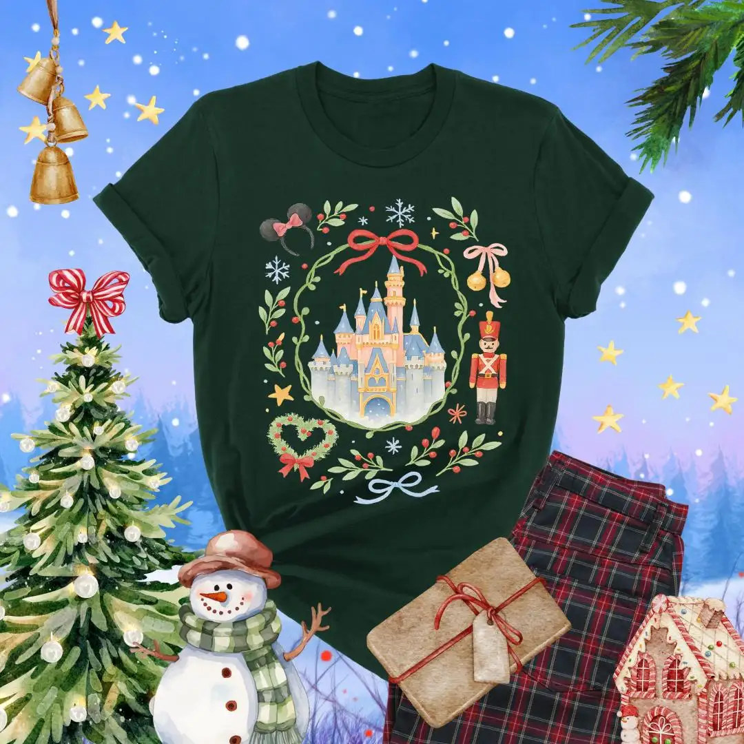Coquette Bow Disney Castle Christmas Shirt, Magic Kingdom, Disneyland Xmas Party Shirt, Disney Holiday Shirt, Girly Nutcracker Xmas Baby Tee