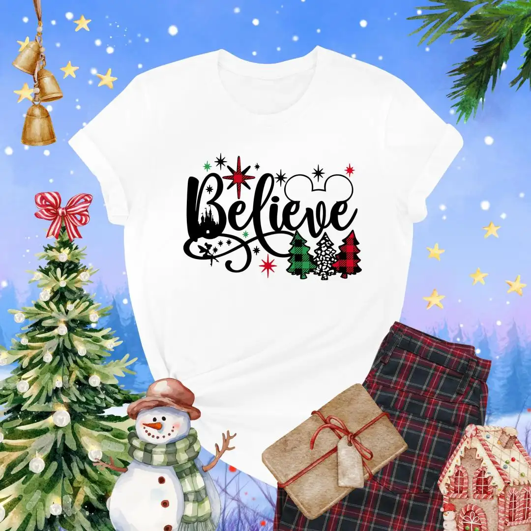 Christmas Believe Shirt, Disney Christmas Shirt, Christmas Tree Plaid Tee, Mickey Ears Shirt, Christmas Family Gift, Disney Family Trip Shirt