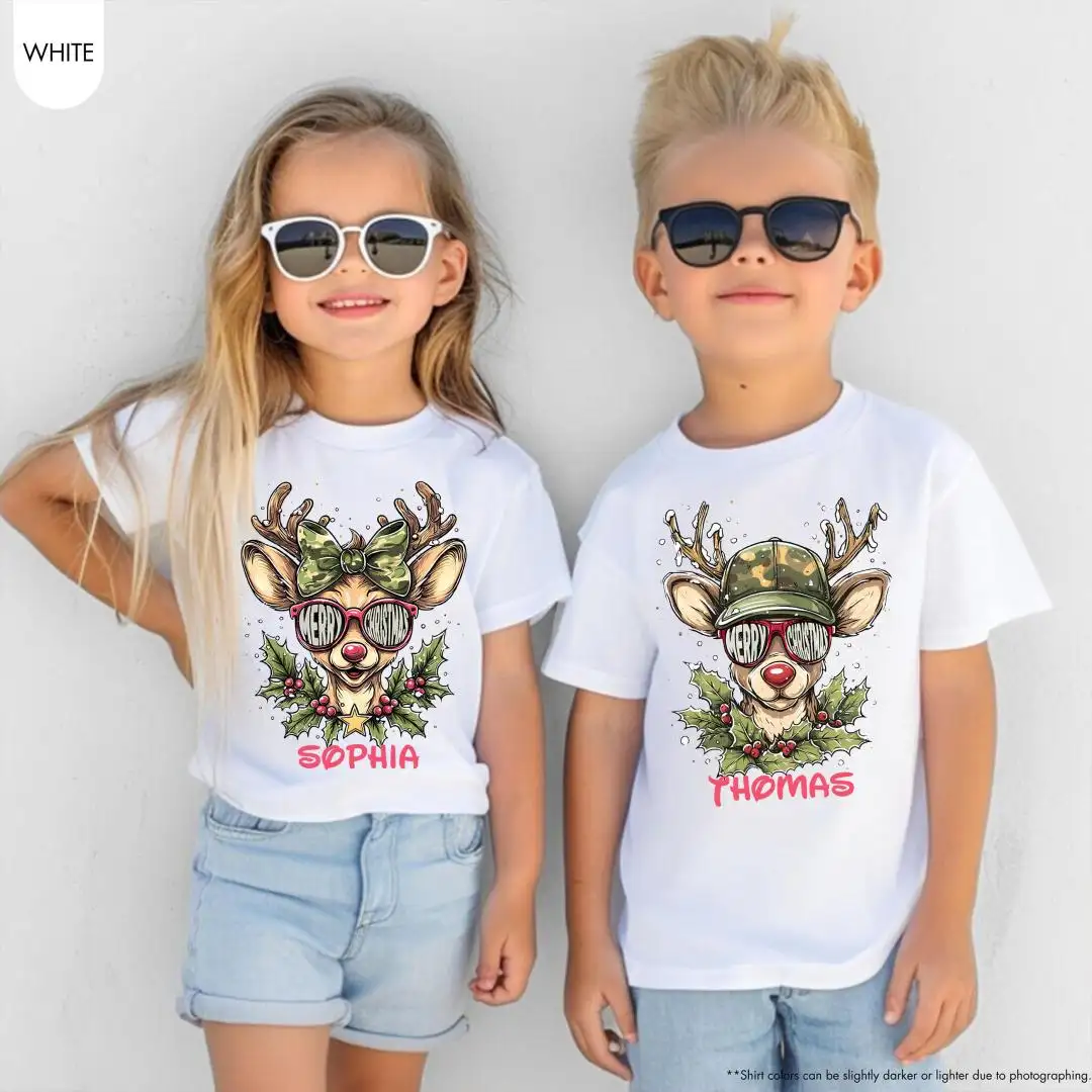 Personalized Reindeer Christmas Shirt for Kids, Custom Name Holiday Tee, Cute Boy Girl Xmas Top, Matching Family Outfit, Toddler Christmas