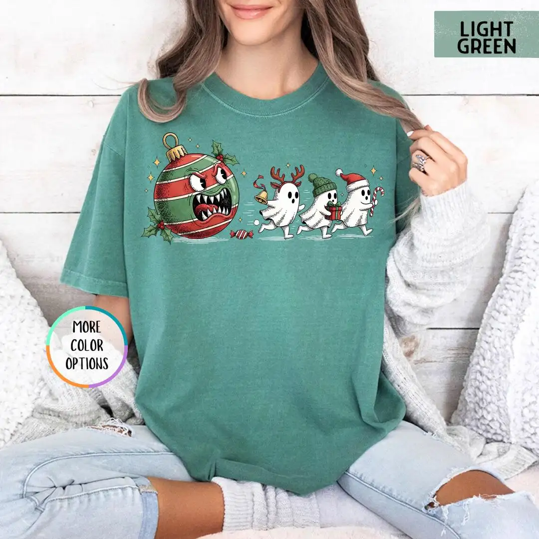 Comfort Colors Funny Christmas Ghost Shirt, Spooky Cute Xmas Shirt, Spooky Holiday Shirt, Festive Ornament Monster T-Shirt, Ghost Chase Tee