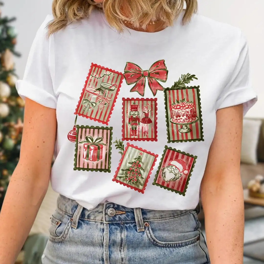 Whimsical Christmas Stamps Shirt, Cute Girly Xmas Gift, Aesthetic Festive Outfit, Nutcracker Santa Bow Top, Retro Style Holiday Graphic Tee