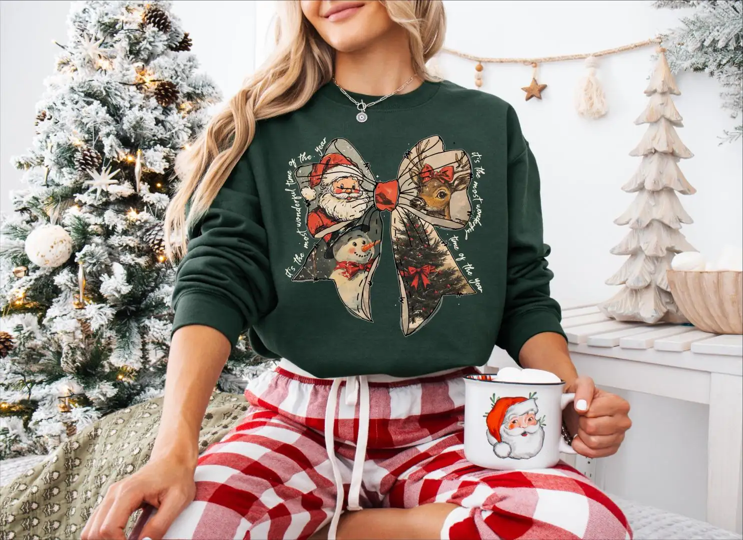 It's The Most Wonderful Time Of The Year Bow Shirt, Winter Christmas Vibes, Retro Christmas Tree Santa Snowman Reindeer Tee, Merry Christmas