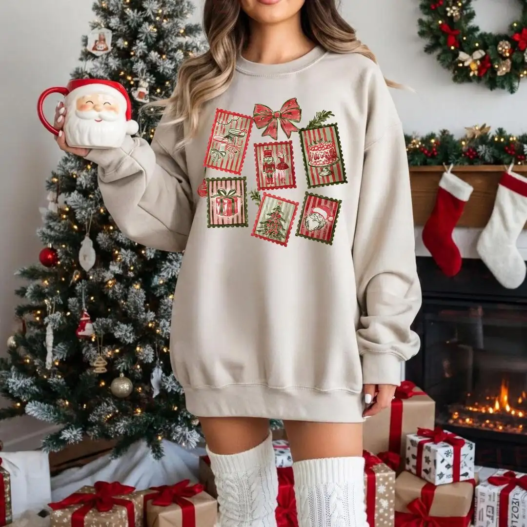 Christmas Stamp Sweatshirt, Cute Festive Winter Graphic, Womens Christmas Gift, Trendy Christmas Hoodie, Holiday Postage Collage Hoodie