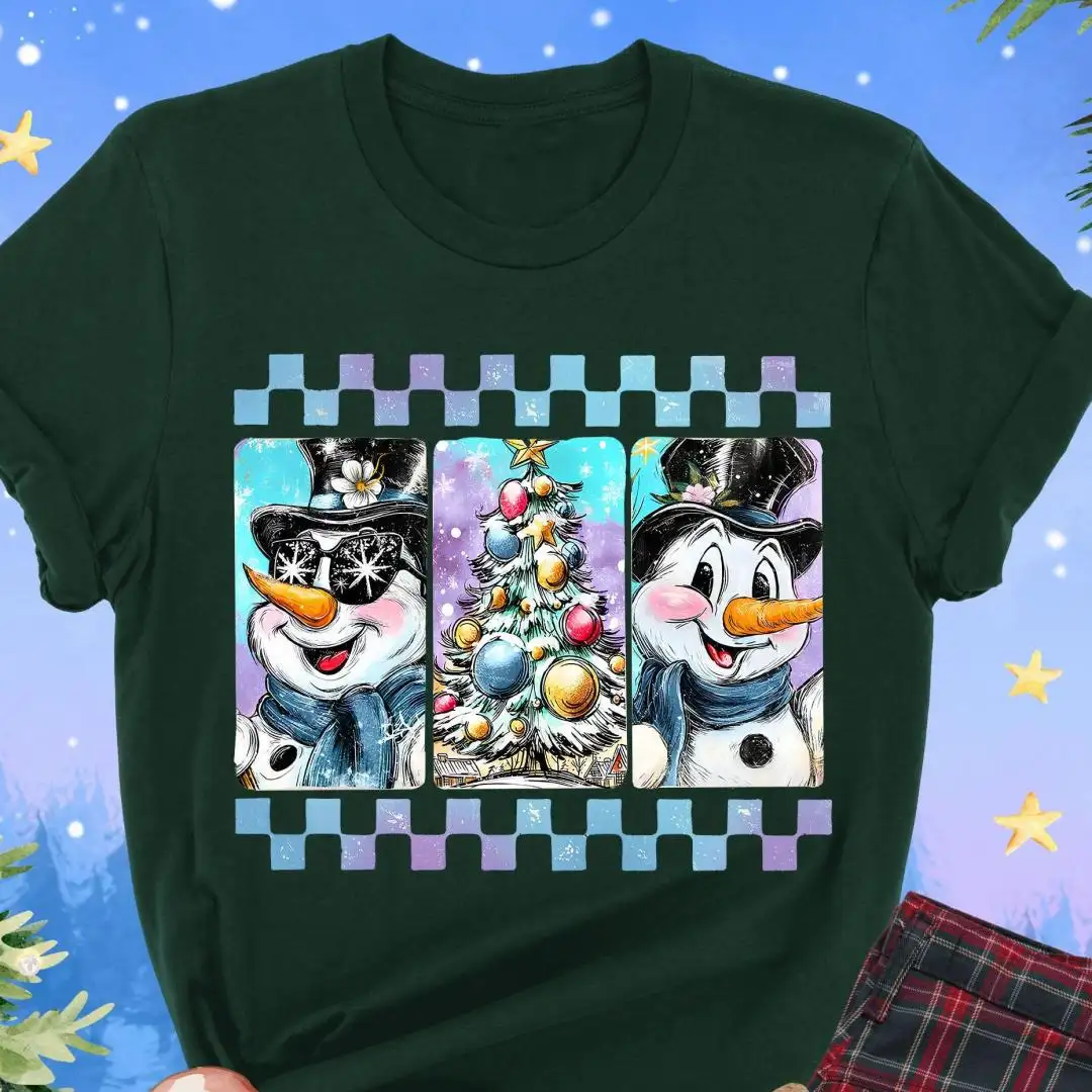 Frosty Snowman Christmas Shirt, Xmas Outfit, Retro Frosty Design Tee, Cute Holiday Tee, Festive Cartoon Gift, Whimsical Winter Top with Tree