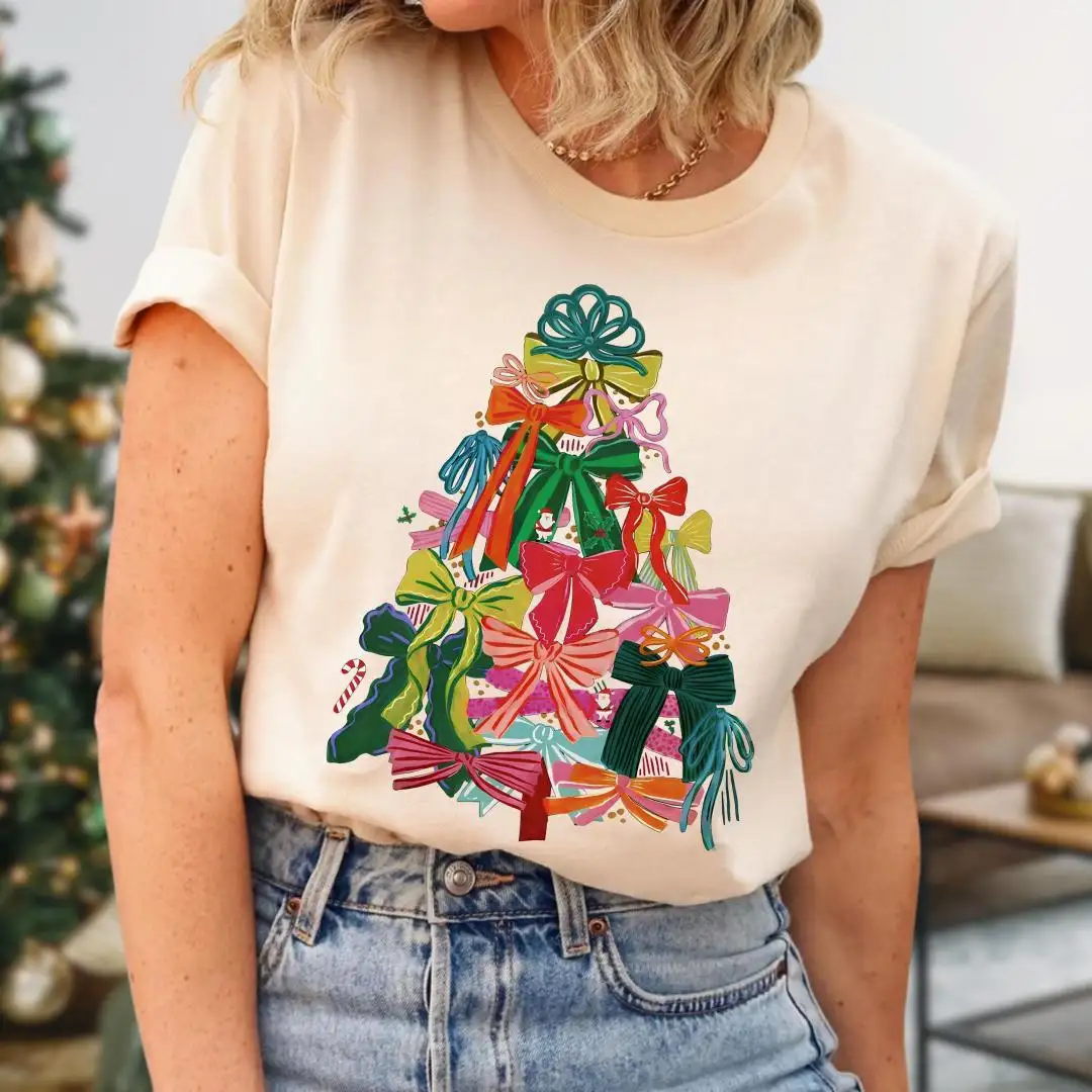 Coquette Christmas Tree Shirt, Winter Season Tee, Xmas Vacation Shirt, Trendy Christmas Bow Tee, Womens Holiday Top, Girly Christmas T-Shirt