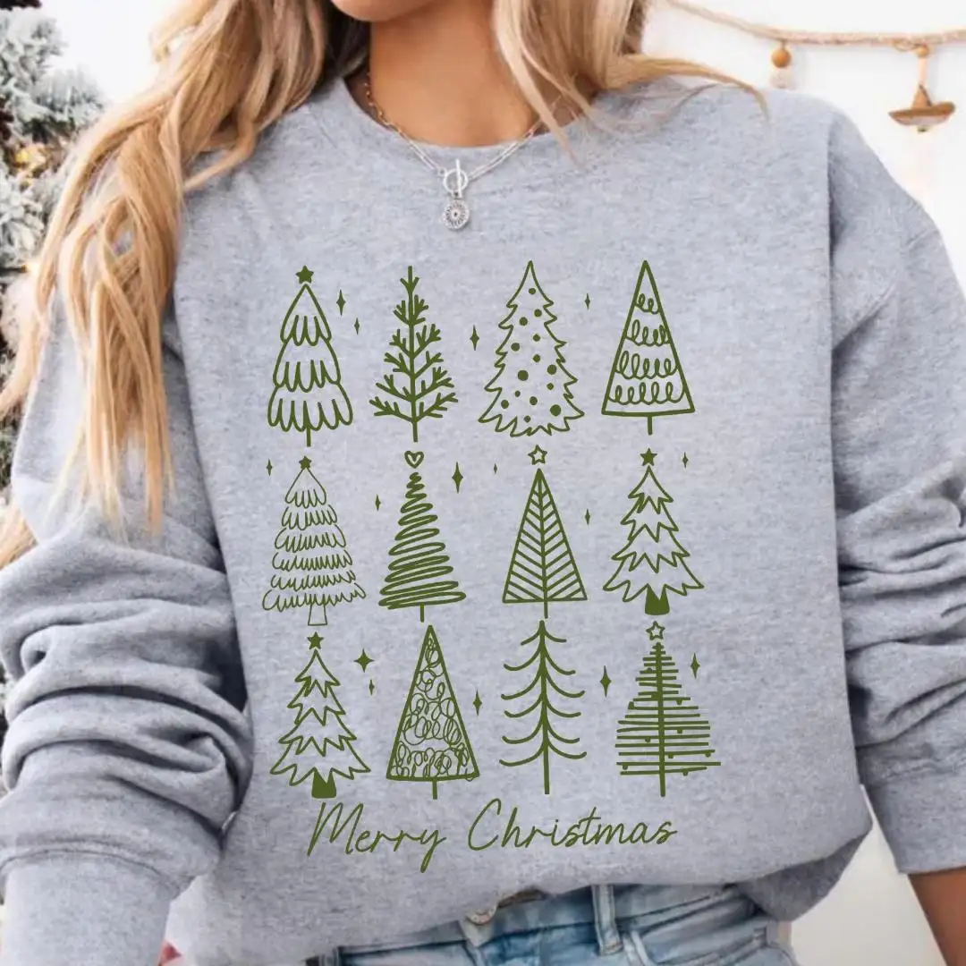 Merry Christmas Trees Sweatshirt, Minimalist Holiday Sweatshirt, Cute Women Christmas Gift, Merry Christmas Hoodie, Girly Xmas Gift