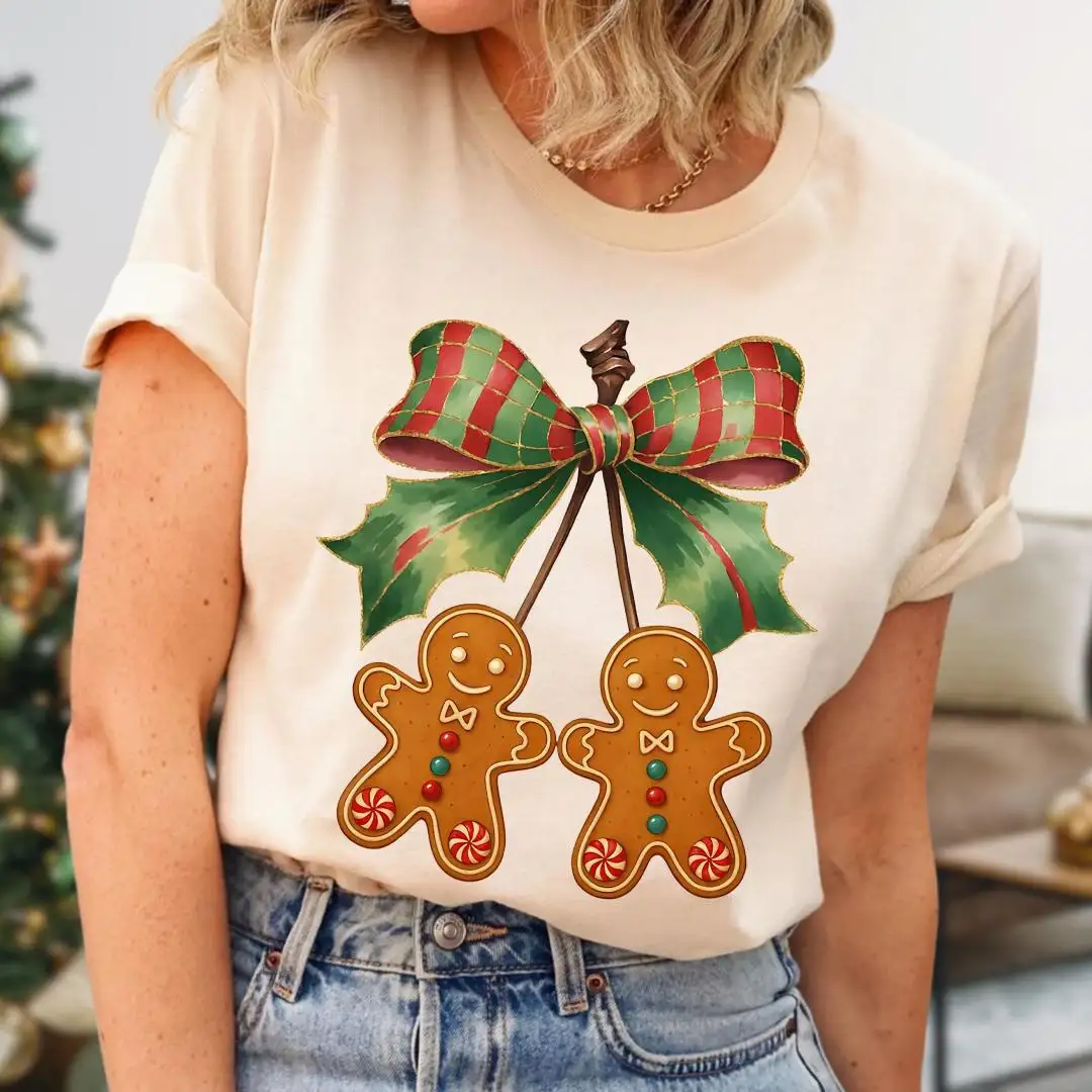 Gingerbread Christmas Shirt, Cute Holiday Bow Cookie Tee, Gingerbread Couple T-Shirt, Holiday Baking Theme Top, Festive Xmas Party Outfit