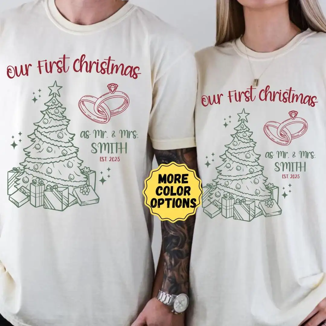 Comfort Colors® Our First Christmas Shirts, Husband and Wife Couple Matching Shirts, 1st Xmas as Mr Mrs Tee, Custom Christmas Newlywed Shirt