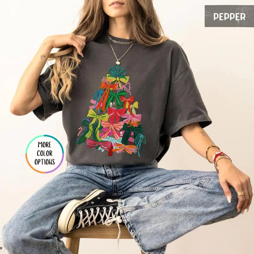 Comfort Colors® Colorful Bow Christmas Tree Shirt, Festive Graphic Tee, Cute Holiday Gift Tee for Women, Girly Trendy Christmas Shirt