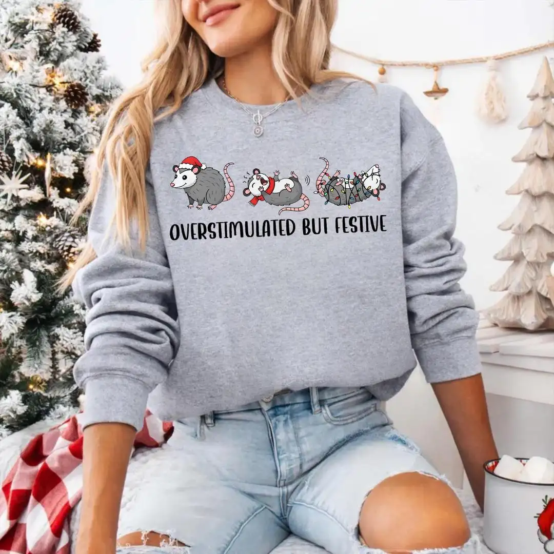 Possum Christmas Sweatshirt, Meme Holiday Sweatshirt, Funny Christmas Gift, Overstimulated But Festive Hoodie, Trashcore Meme Crewneck