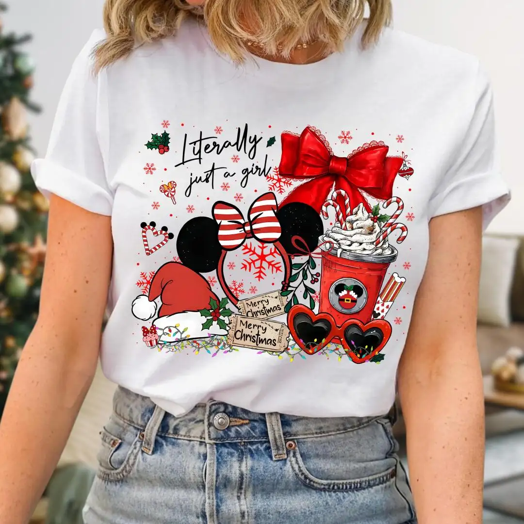 Disney Literally Just A Girl Christmas Shirt, Disneyland Christmas Tee, Minnie Bow Coffee Tee, Girls Holiday Shirt, Disney Girl's Trip Gift