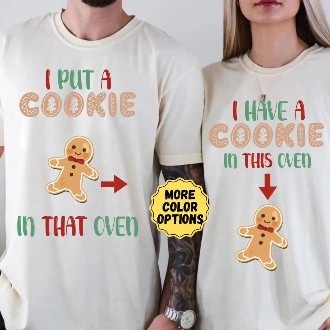 Comfort Colors Couples Christmas Pregnancy Announcement Shirt, Matching Husband Wife, Gingerbread Cookie In The Oven, Xmas Baby Reveal Tee
