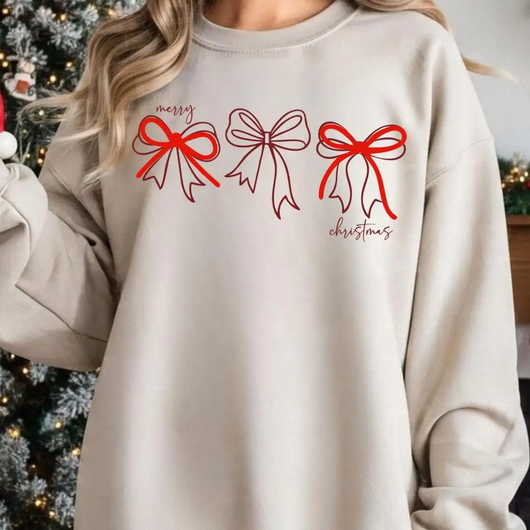 Merry Christmas Coquette Bow Sweatshirt, Red Bow Xmas Hoodie, Women's Christmas Hoodie, Cute Christmas Gift, Girly Holiday Party Sweatshirt