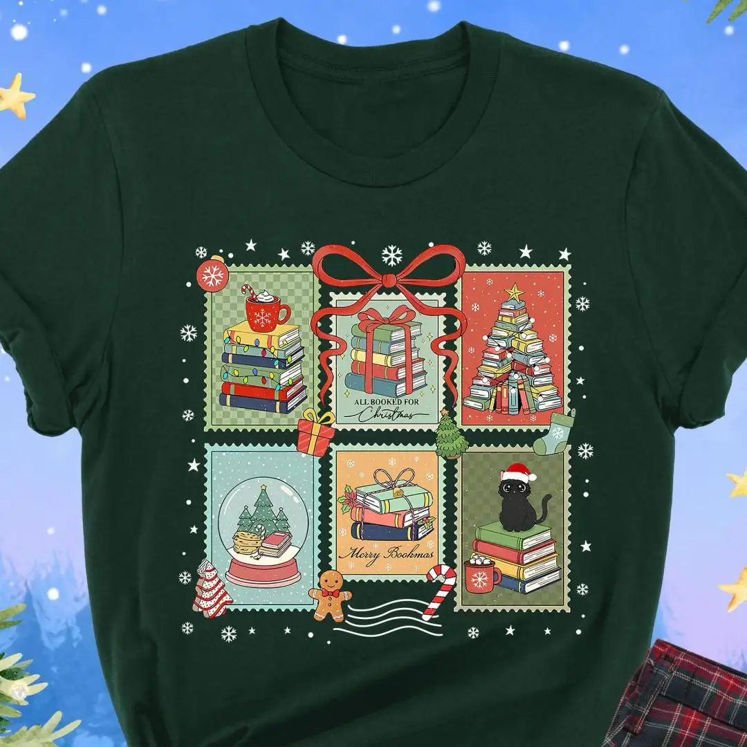 Christmas Book Lover Shirt, Cute Holiday Bookstack Tee, Festive Postage Stamp Style T-shirt, Bookworm Gift, Cozy Reading Christmas Top