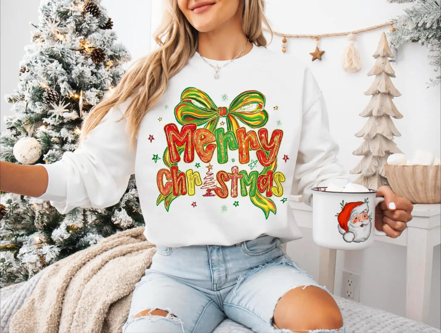 Merry Christmas Bow Tree Shirt, Shiny Christmas Tree and Bow Sweatshirt, Christmas Coquette Bow Sweater, Merry Christmas Shirt