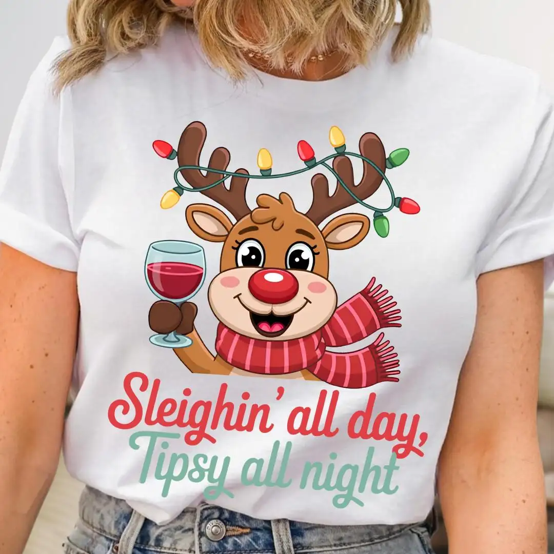 Sleighin’ All Day Tipsy All Night Shirt, Xmas Party Shirt, Funny Reindeer Christmas Tee, Wine Lover Holiday T-Gift, Cute Winter Deer Shirt