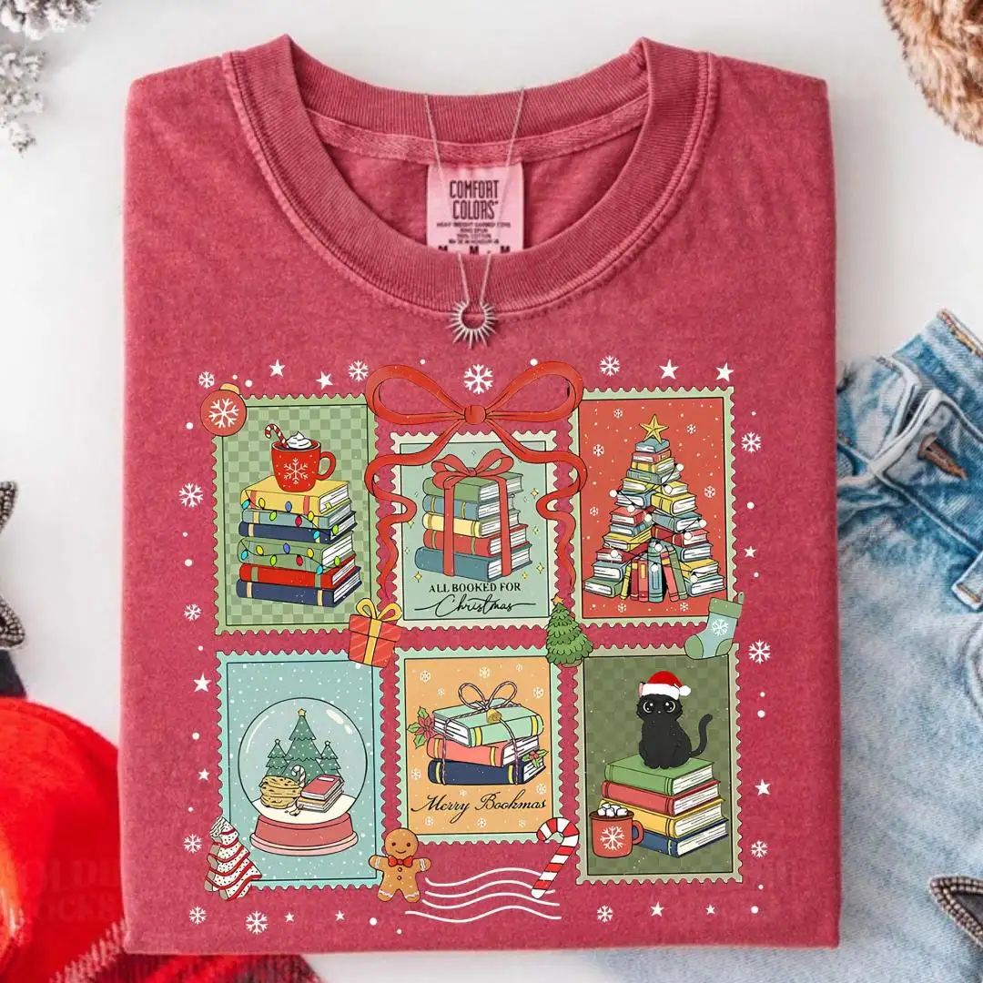 Comfort Colors Christmas Book Tee, Teacher Christmas Shirt, Book Club Shirt, Gift for Readers, Book Lover Shirt, Holiday Bookworm Shirt