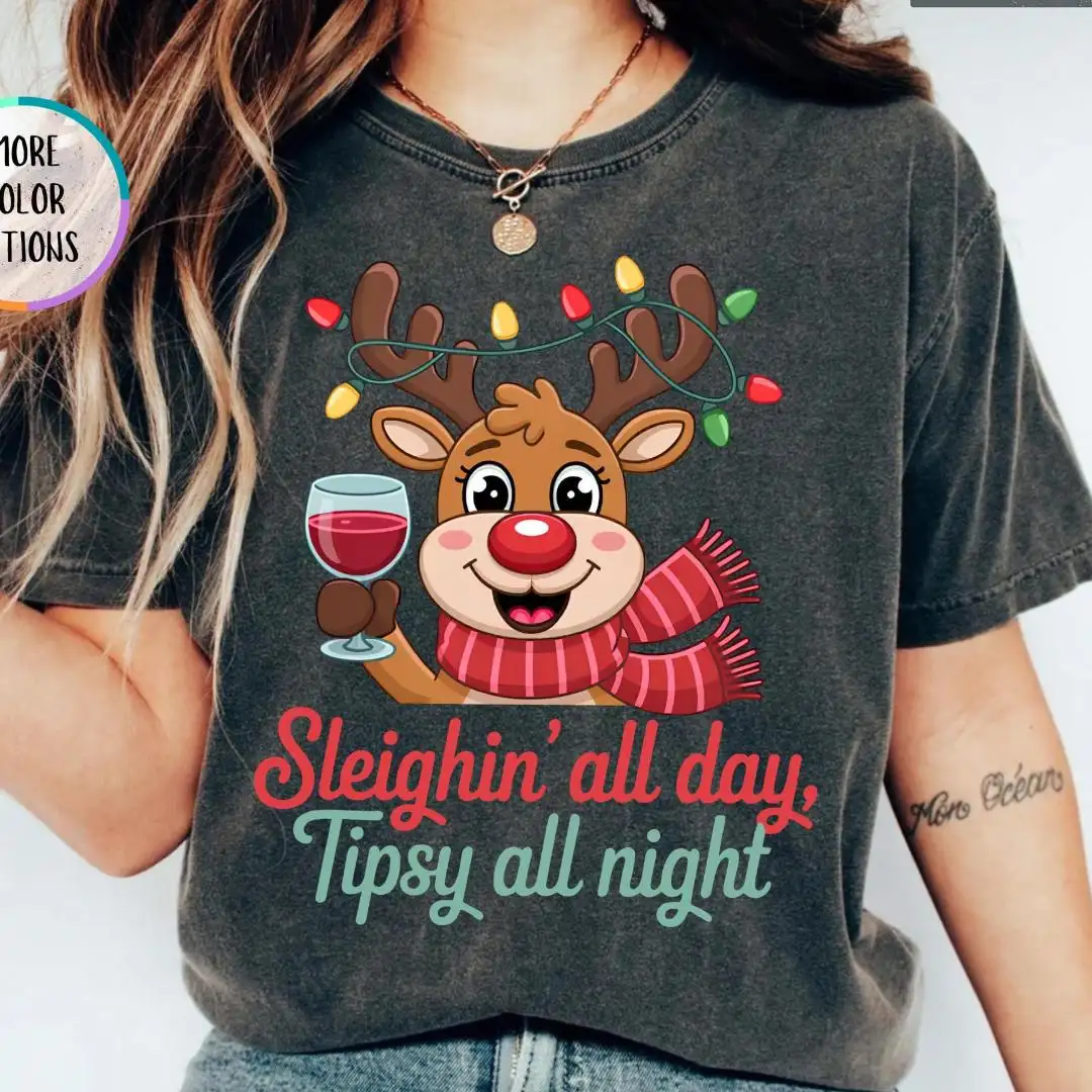 Comfort Colors Tipsy Reindeer Shirt, Funny Christmas Drinking Shirt, Festive Xmas Tee, Wine Holiday Party Gift, Winter Party Gift For Women
