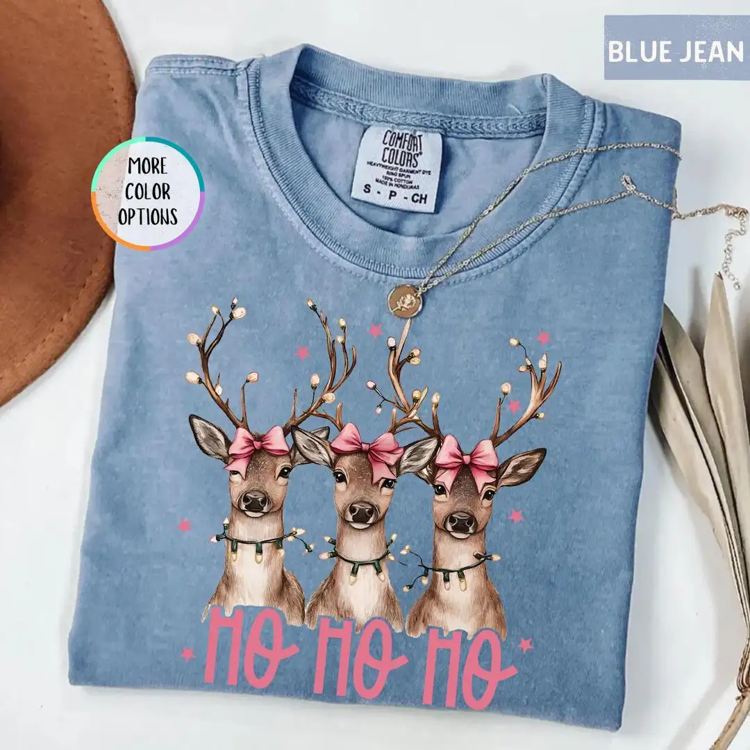 Comfort Colors® Ho Ho Ho Reindeer Shirt, Cute Christmas Deer Tee, Funny Xmas Festive Top, Girly Christmas Gift, Pink Bow Holiday T-Shirt