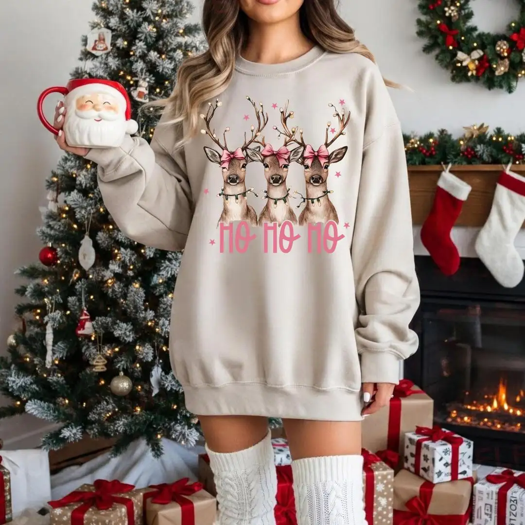 Pink Bow Reindeer Sweatshirt, Cute Christmas Hoodie for Women, Funny Girly Xmas Gift, Festive Deer Holiday Pullover, Cozy Winter Outfit
