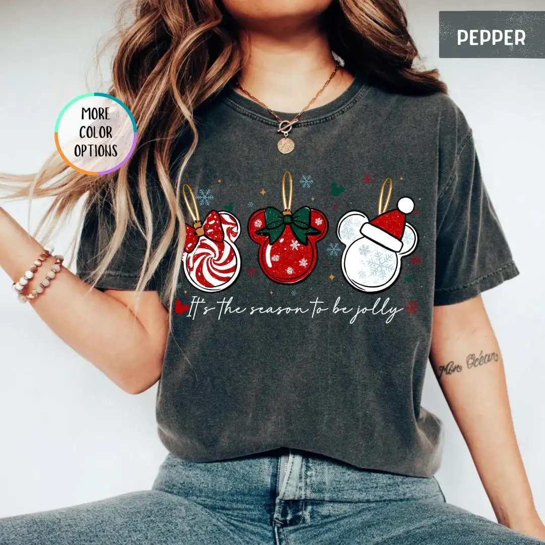Comfort Colors Jolly Christmas Shirt, Disneyland Trip Shirt, Mickey Minnie Xmas Shirt, Disney Ornaments Tee, Christmas Party Gift For Women