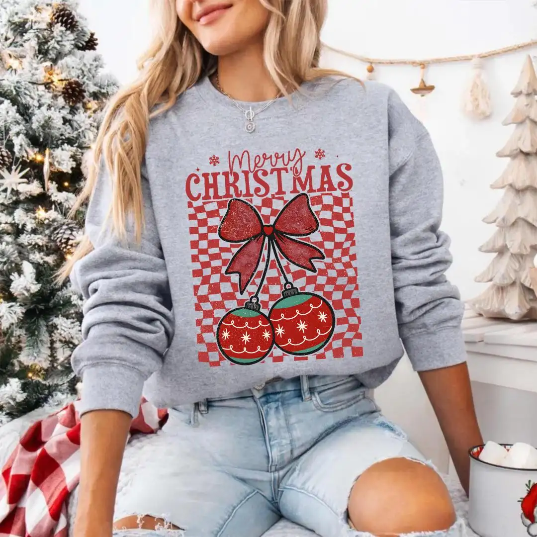 Coquette Christmas Bow Sweatshirt, Xmas Holiday Crewneck, Funny Christmas Party Gifts, Womens Christmas Hoodie, Christmas Ornaments Hoodie