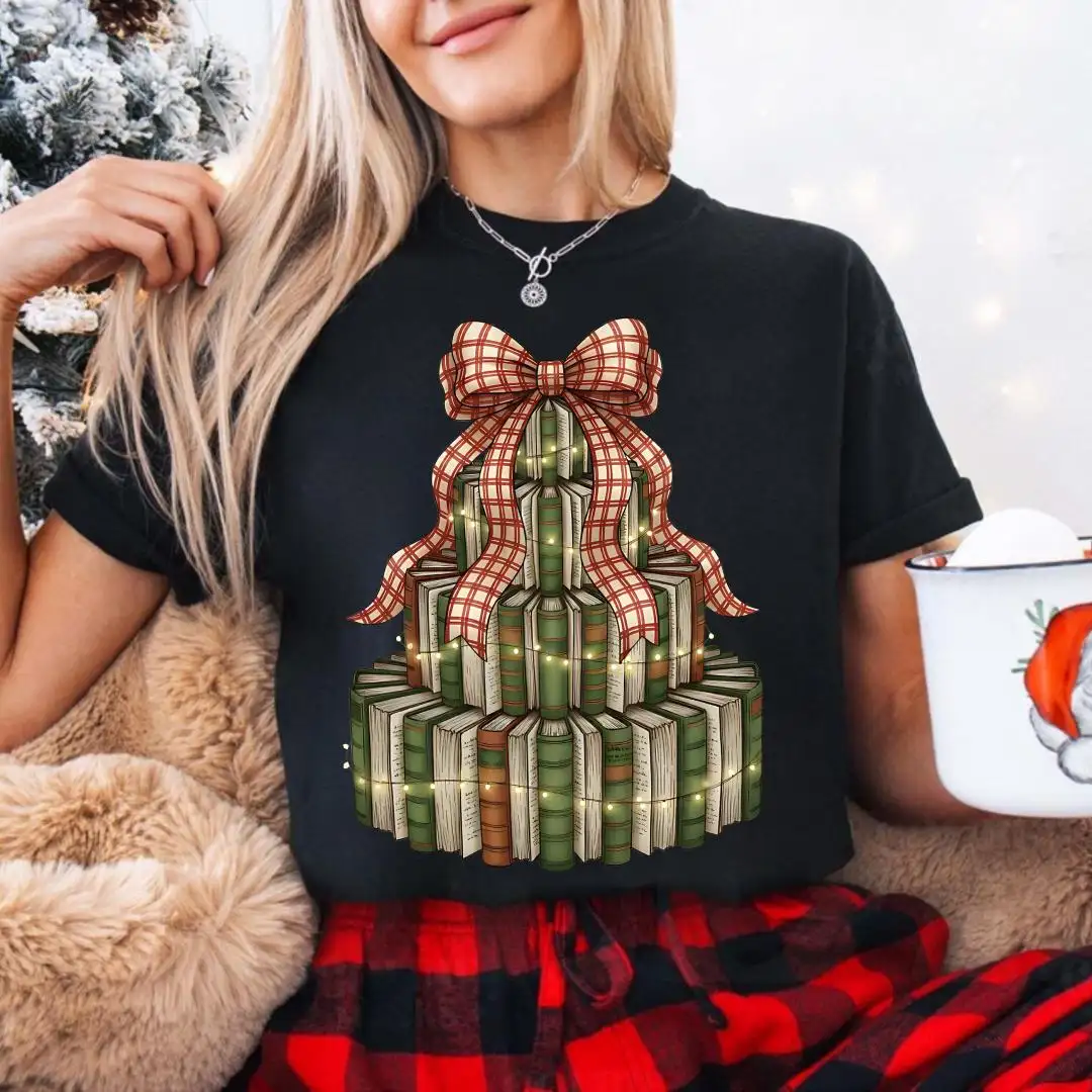 Christmas Bow Book Tree Shirt, Holiday Reading Tee, Cozy Book Lover Gift, Festive Winter Reading T-Shirt, Christmas Book Shirt For Women