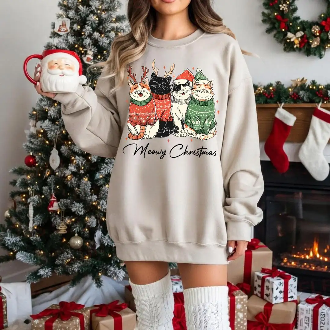 Meowy Christmas Sweatshirt, Cat Lover Xmas Sweater, Xmas Hoodie, Christmas Cat Mom Crewneck, Catmas Gift For New Year, Cat Christmas Hoodie
