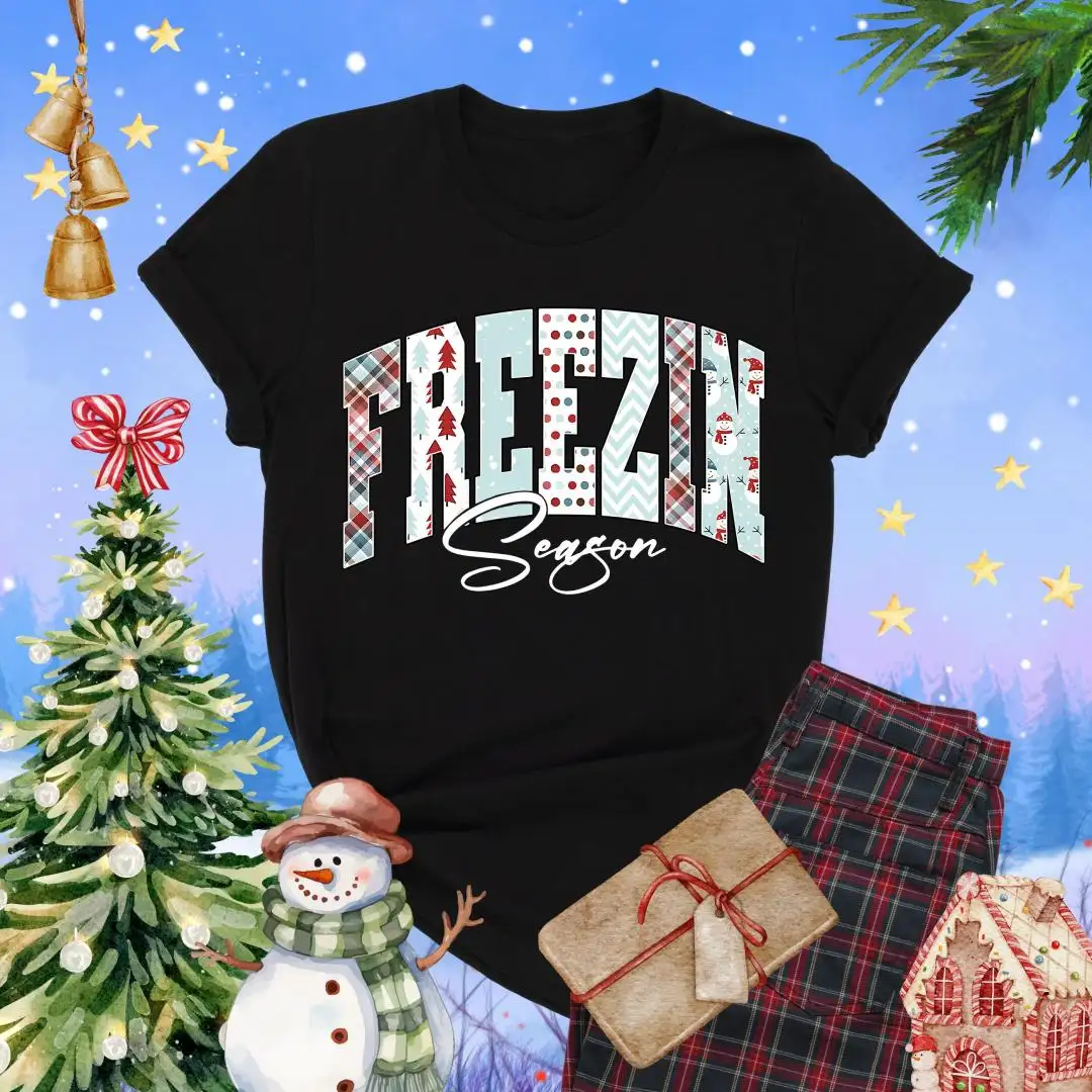 Freezin Season Christmas Shirt, Cozy Holiday Graphic Top, Cute Festive Snow Shirt, Funny Cold Weather Tee, Winter Plaid Letters T-Shirt