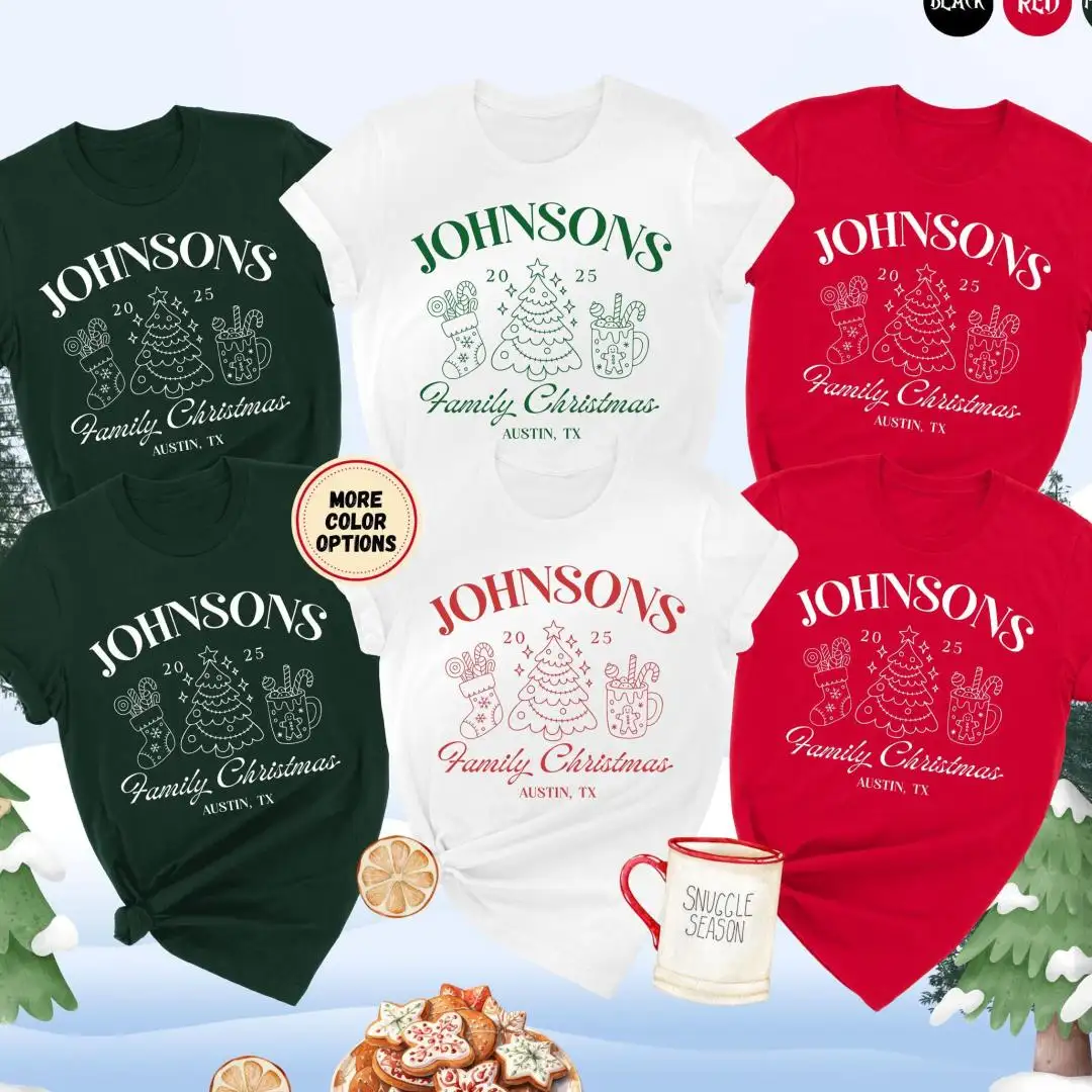 Group Christmas Shirt 2025, Christmas Crew Shirt, Custom Holiday Matching Tees, Hot Cocoa Group Outfit, Personalized Xmas Tree Mug Top