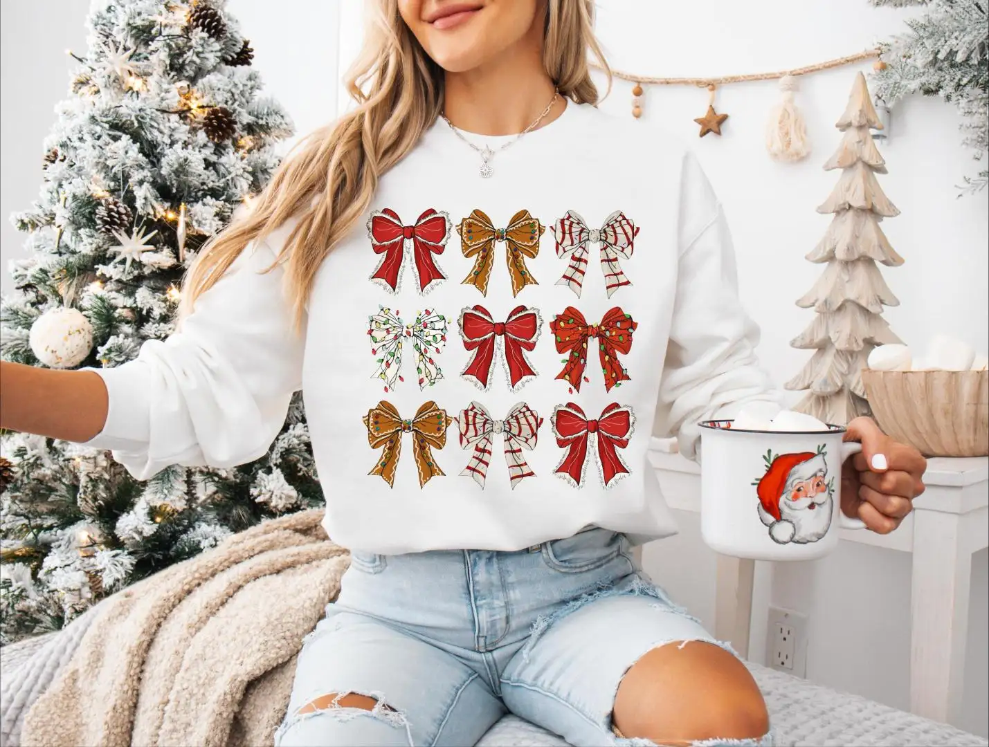 Christmas Bows Shirt, Merry Christmas Shirt, Christmas Lights Gingerbread Santa Bows Sweater, Christmas Coquette Bows Sweatshirt
