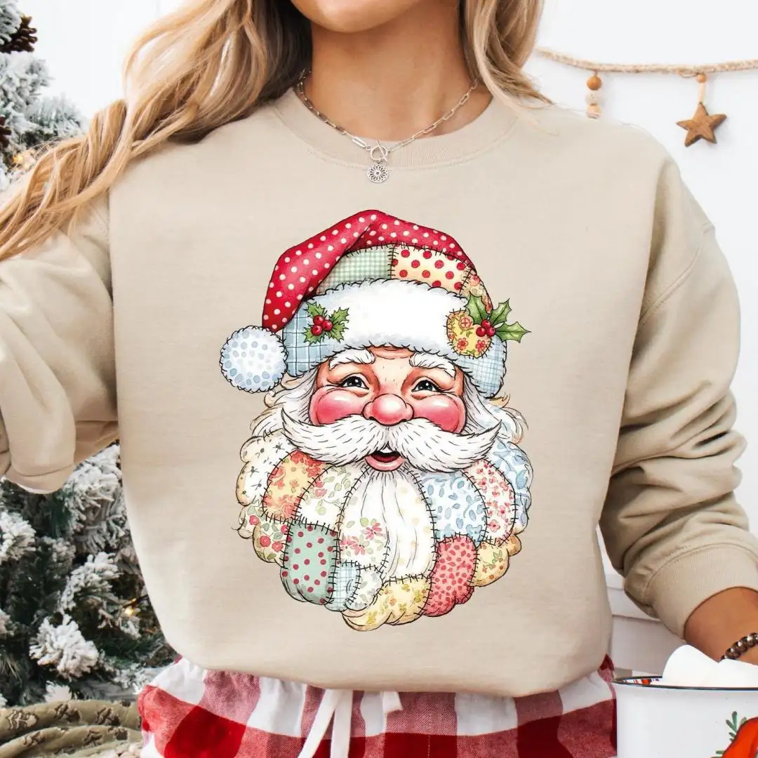 Santa Christmas Shirt, Christmas Patchy Santa Sweatshirt, Patch Work Santa Shirt, Winter Vibes, Christmas Vibes Sweater, Merry Christmas Tee