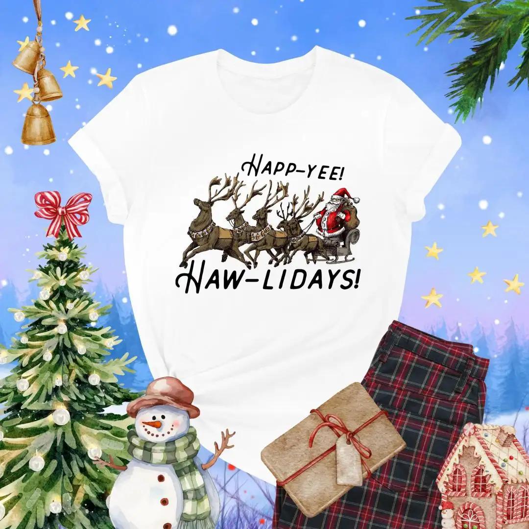 Happy Yee-Haw-Lidays T-Shirt, Santa's Sleigh Shirt, Western Holiday Apparel, Xmas Cowgirl Shirt, Cowboy Santa Shirt, Fun Christmas Tee