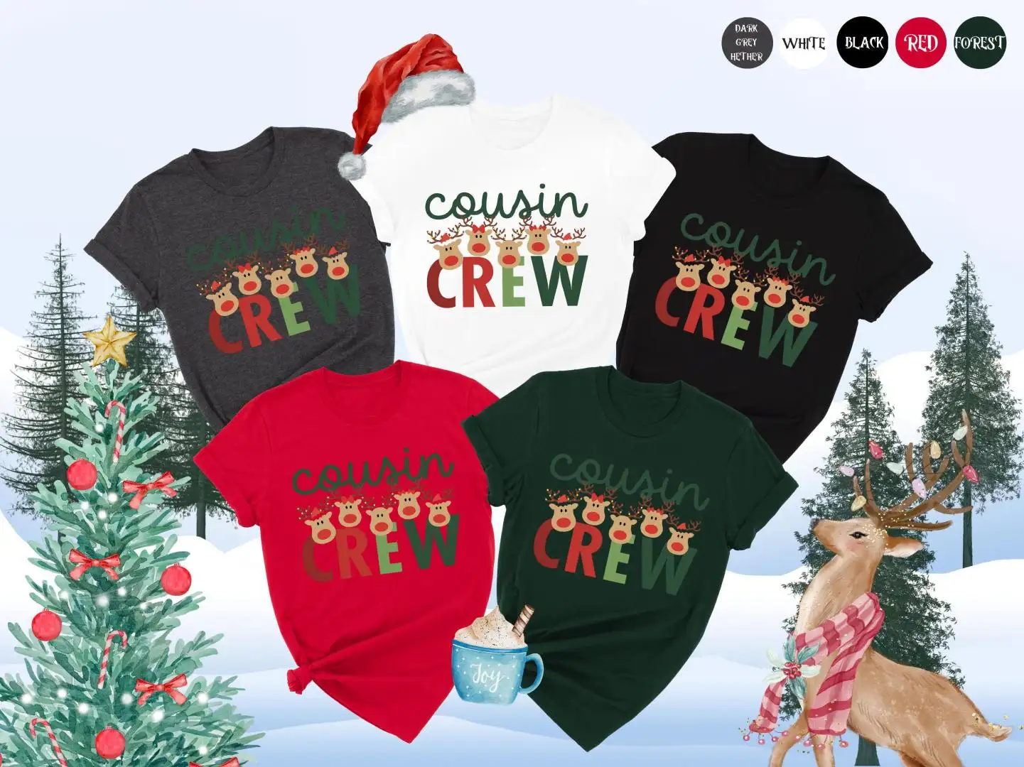 Cousins Crew Christmas T-Shirt, Christmas Matching Cousin Shirts, Holiday Gift, Cute Xmas Tee for Cousins, Reindeer Family Holiday Shirt