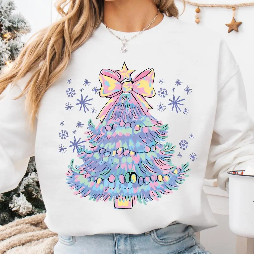 Shiny Christmas Tree Shirt, Merry and Bright Tee, Cute Christmas Tree Sweatshirt, Christmas Lights and Bow Sweater, Merry Christmas Vibes